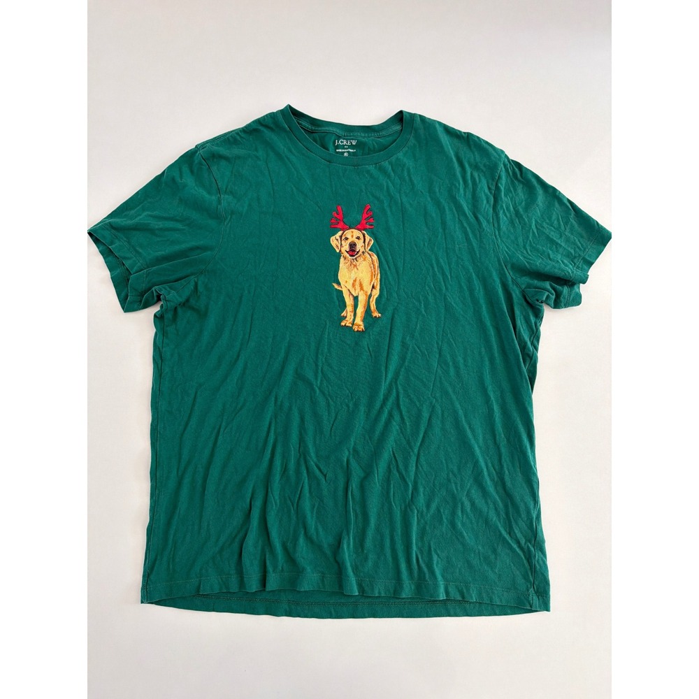 J.Crew XL Green Reindeer Dog Christmas Graphic T-Shirt Golden Retriever